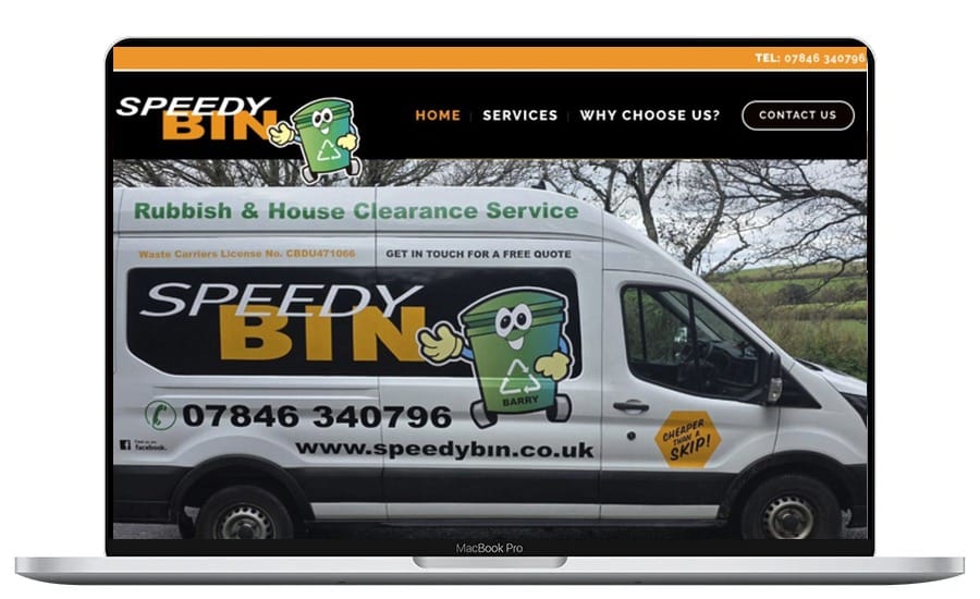 Speedy Bin website displayed in a laptop frame